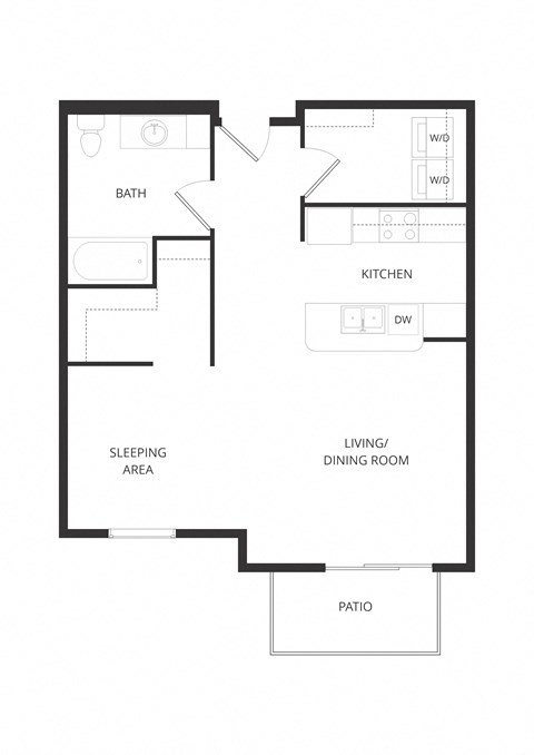 Floor plan for studio, 1 bath, 657 sqft